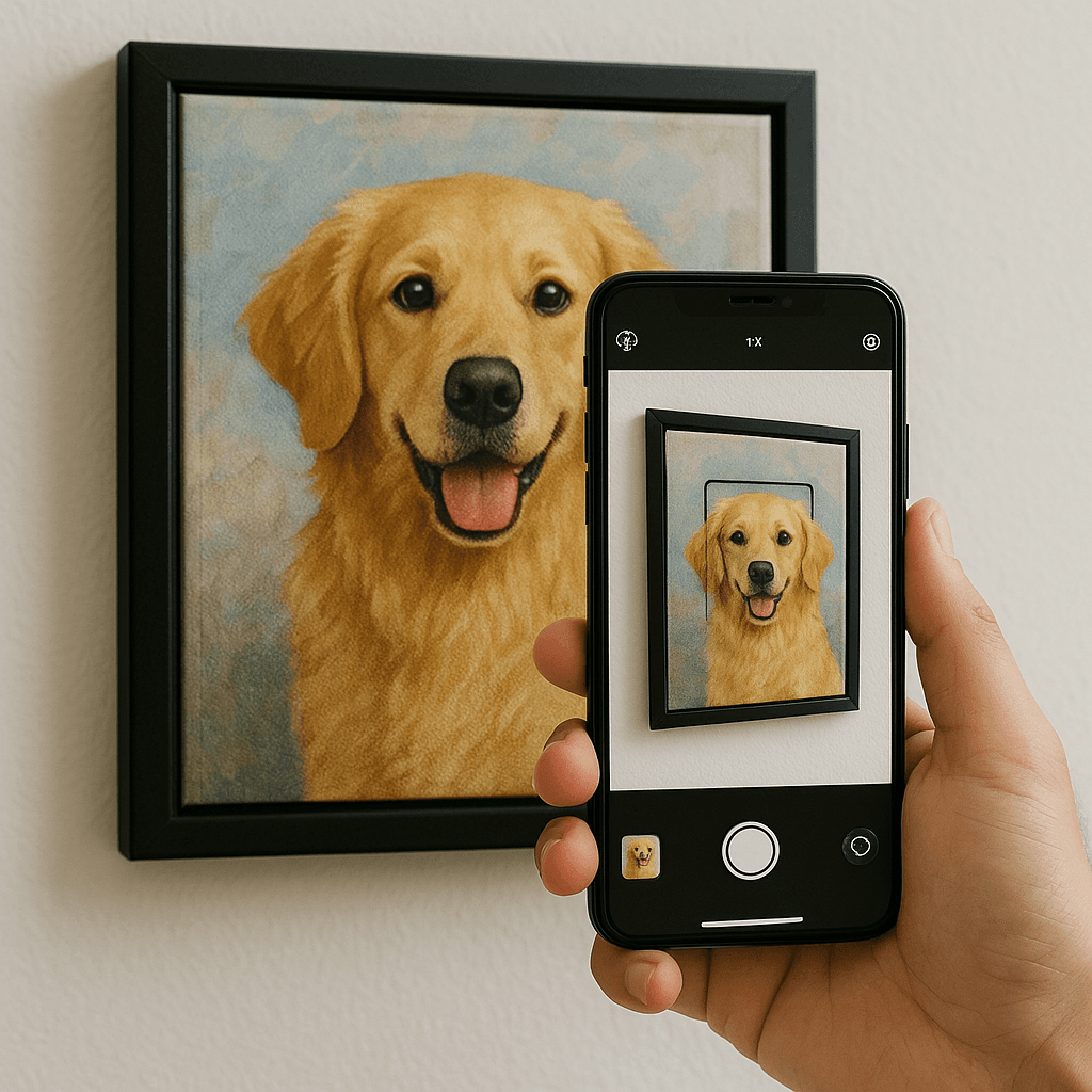 Teléfono móvil escaneando código QR en un cuadro personalizado de PetLover